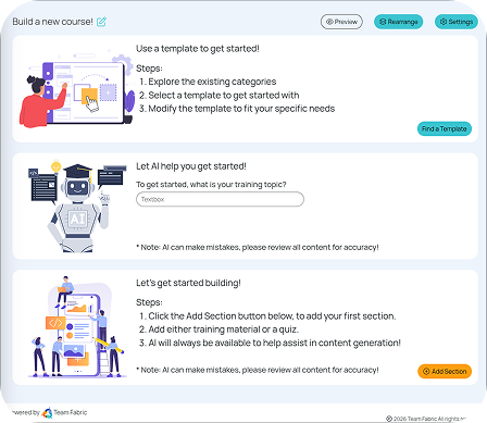 Screenshot of the Create Training landing page inside Team Fabric