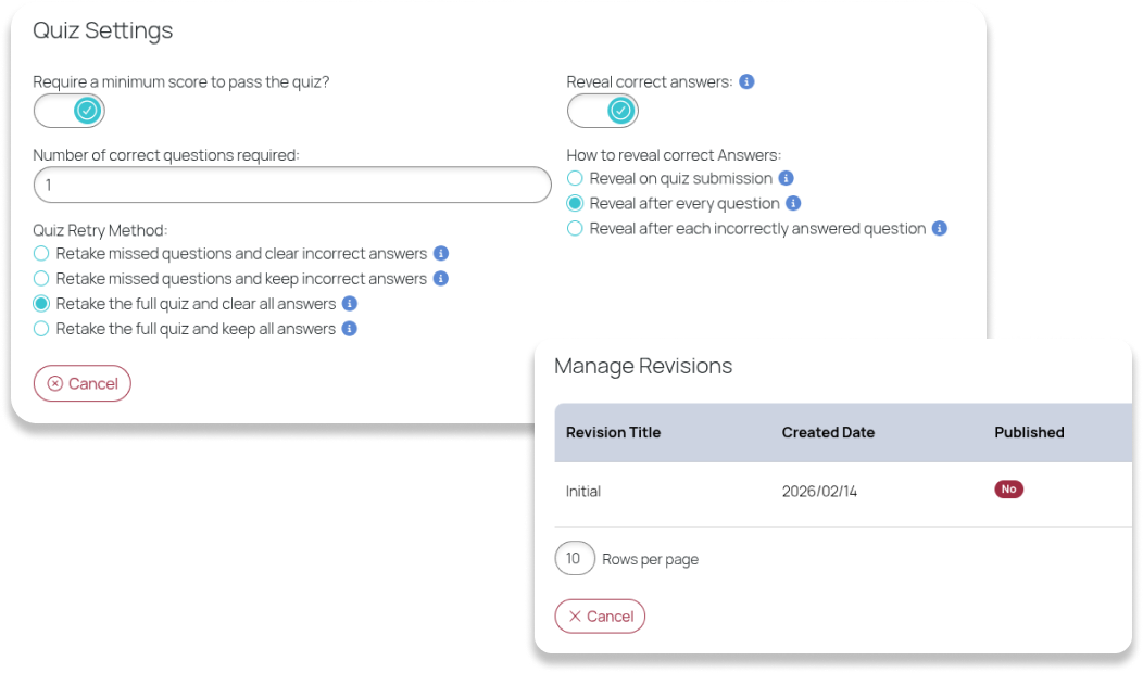 Screenshot of the Quiz Setting page inside Team Fabric