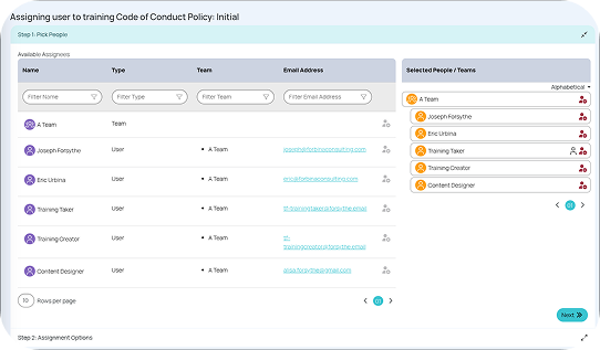 Screenshot of the assignment screen for a training inside Team Fabric